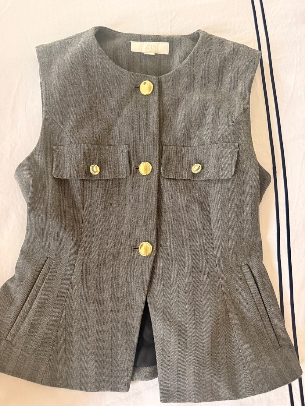 ZaraClassic Sleeveless Gray Pinstripe Vest with Gold Buttons